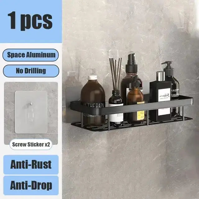 Black stainless steel corner shelf with Single tiers, mounted on a wall using self-adhesive strips.