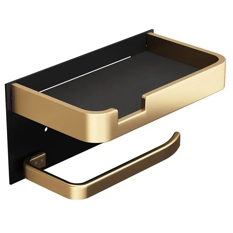 Empty dispay of Wall-mounted Toilet Paper Roll Holder Phone Shelf in gold and black, holding a smartphone above the toilet paper roll.