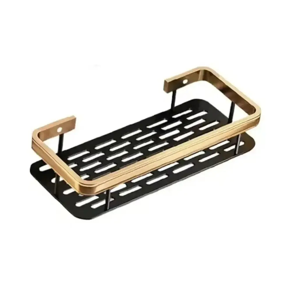 Gold and Black stainless steel corner shelf with two tiers, mounted on a wall using self-adhesive strips.