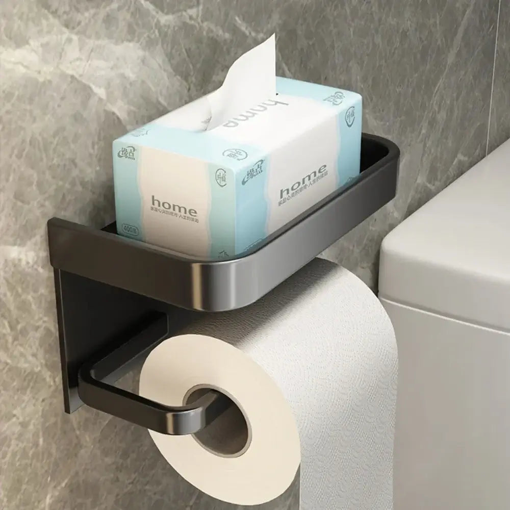 Matte black Toilet Paper Roll Holder Phone Shelf with tissue box on top, offering modern design and easy wall installation.