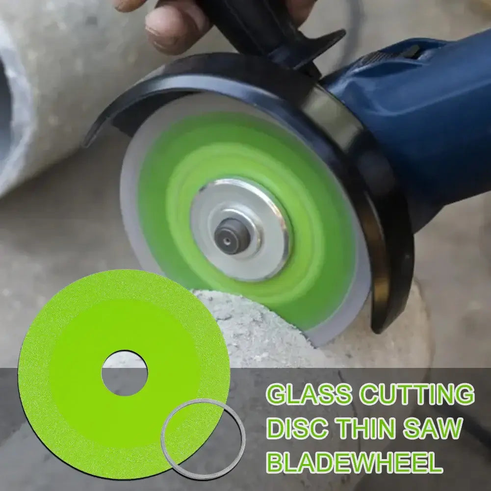 Close-up of a glass cutting disc on a saw, featuring a vibrant green blade for precise cutting of various materials.