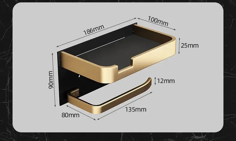Multi-functional Toilet Paper Roll Holder Phone Shelf with space for phone, watch, and perfume, mounted on bathroom wall.
