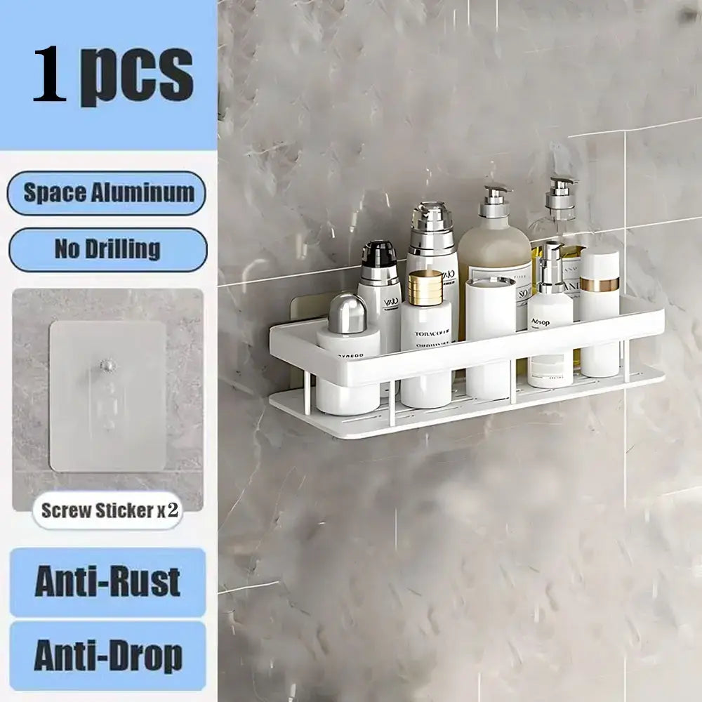 White pearl stainless steel corner shelf with Single tiers, mounted on a wall using self-adhesive strips.