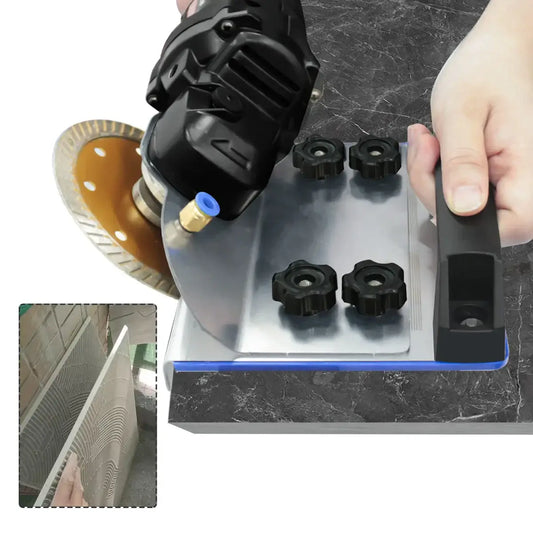 45-Degree Angle Grinder Stand in use with angle grinder on a work surface for precise cutting and chamfering.