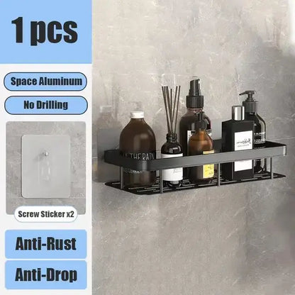 Black stainless steel corner shelf with Single tiers, mounted on a wall using self-adhesive strips.