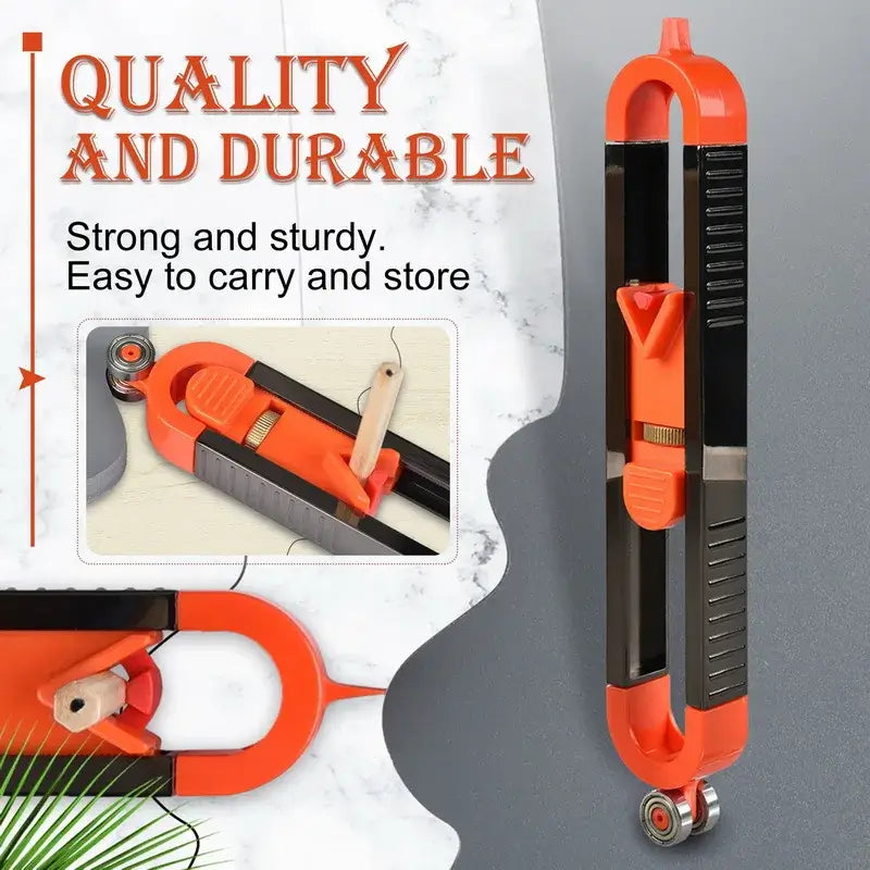 An orange and black digital measuring tool with a metallic part and wheels for precision measuring, placed against a white background with text highlighting quality and durability.