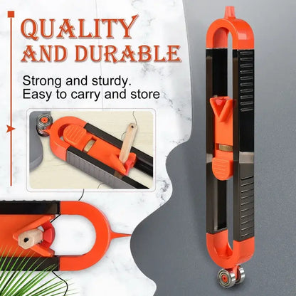 An orange and black digital measuring tool with a metallic part and wheels for precision measuring, placed against a white background with text highlighting quality and durability.