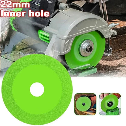 DIY tile cutting disc with a 22mm inner hole, showcasing a green diamond blade for precise cutting projects.