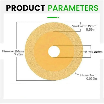 Diagram showing dimensions and specifications of a diamond cutting disc with a 100mm diameter and 22mm inner hole.