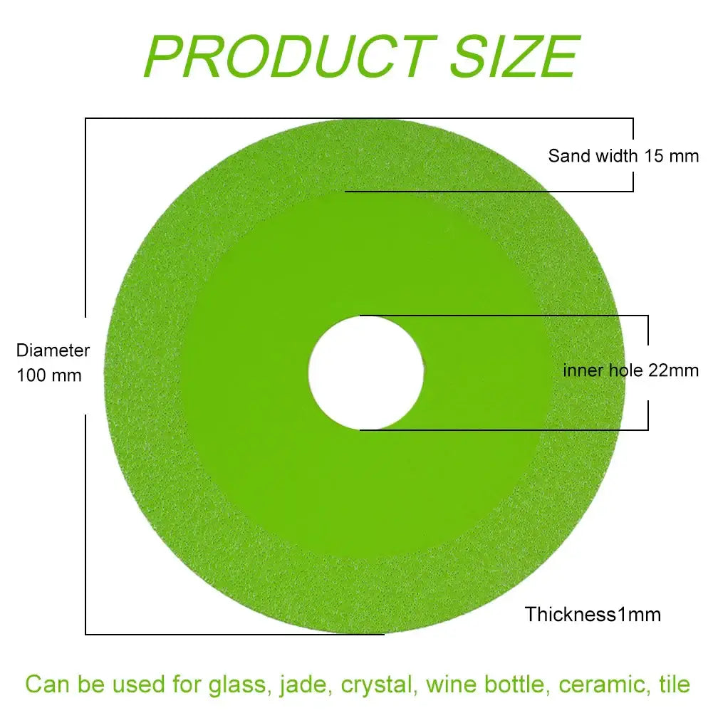 Product size chart for a diamond cutting disc, showing dimensions and suitable materials for cutting.