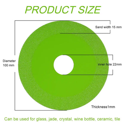 Product size chart for a diamond cutting disc, showing dimensions and suitable materials for cutting.