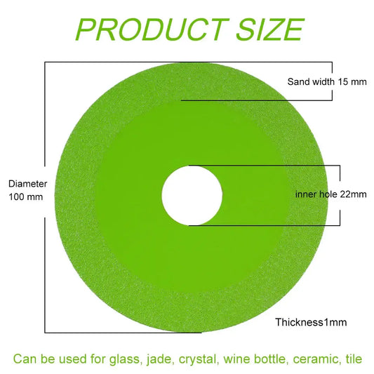 Product size chart for a diamond cutting disc, showing dimensions and suitable materials for cutting.